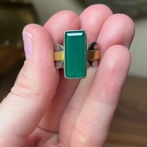 Vintage Art Deco Green Onyx Sterling Silver Ring with Gold Accents, wide band